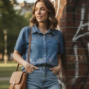 Trendy Embroidered Sarari Zoo Animal Denim Short Sleeve Button Down - Size Large